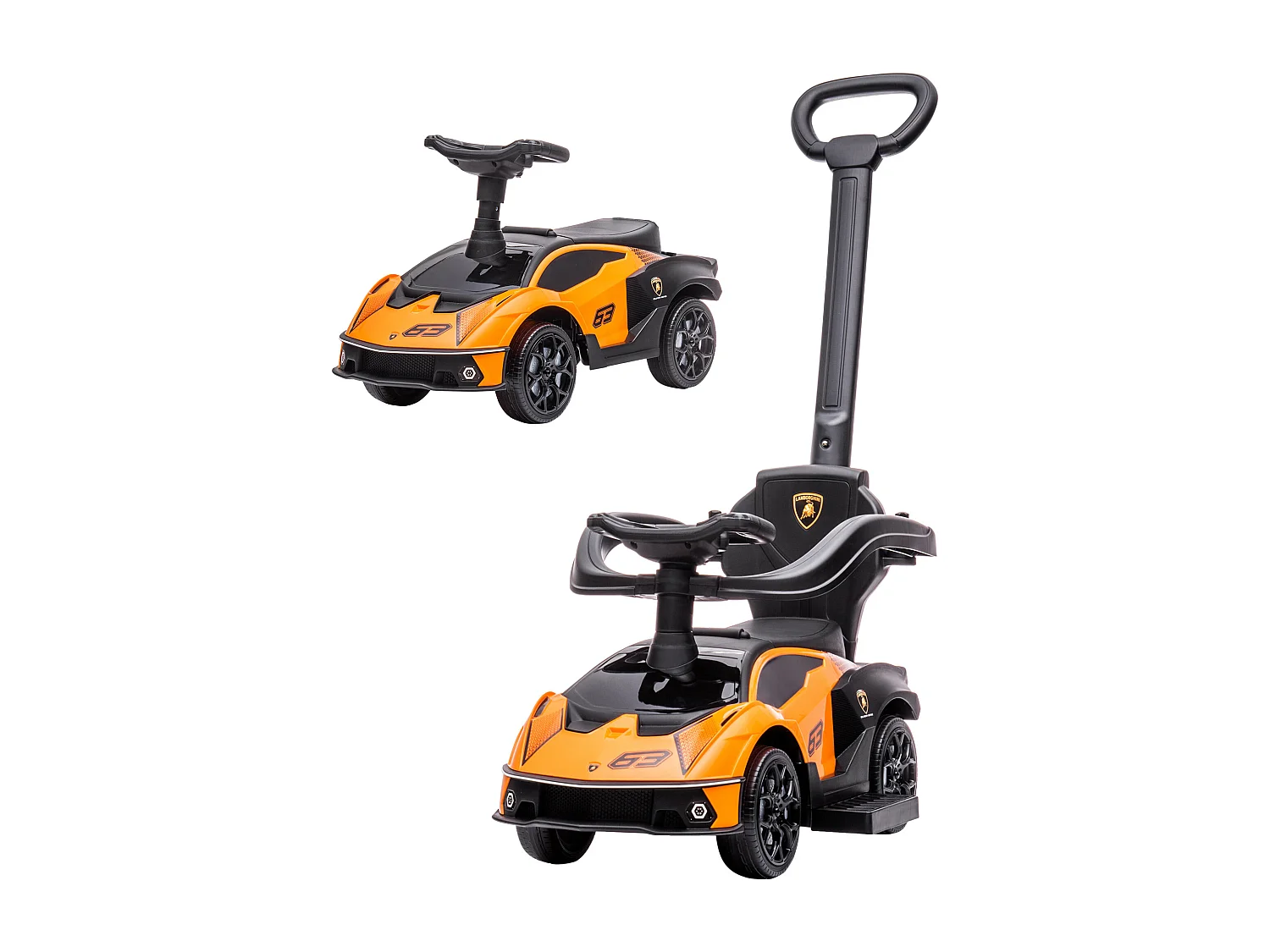 Macchina per bambini con maniglione e barriera di sicurezza arancione