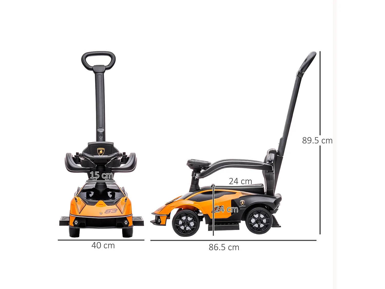 Macchina per bambini con maniglione e barriera di sicurezza arancione