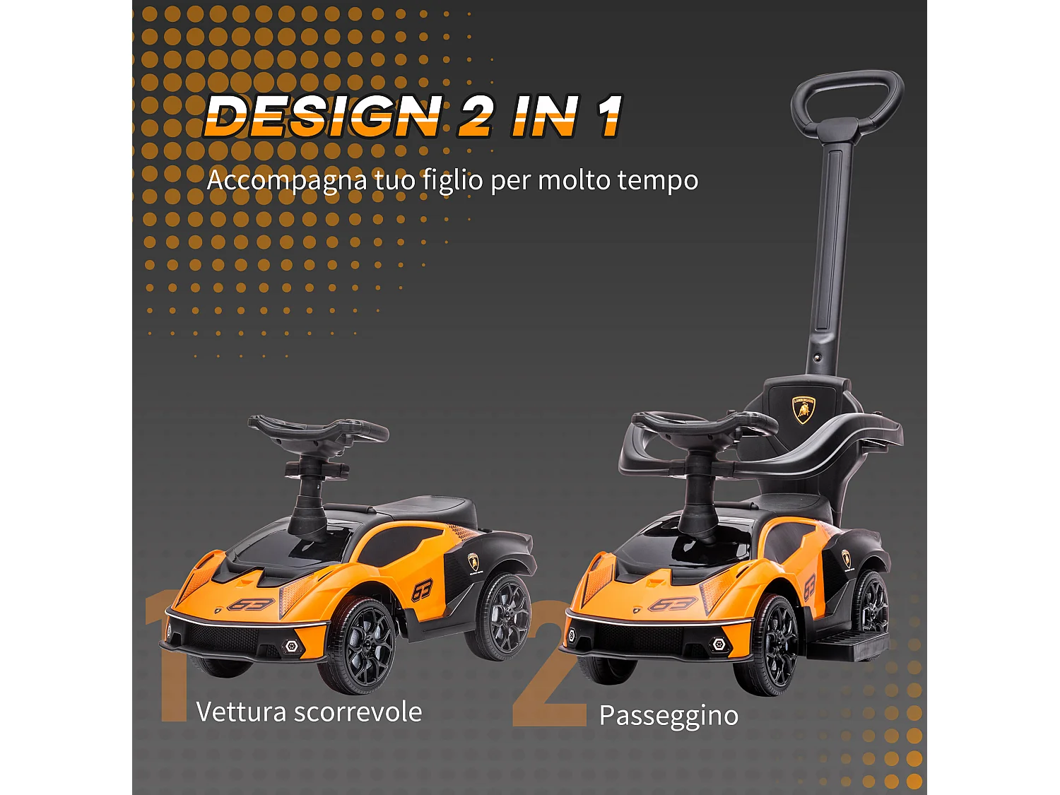 Macchina per bambini con maniglione e barriera di sicurezza arancione