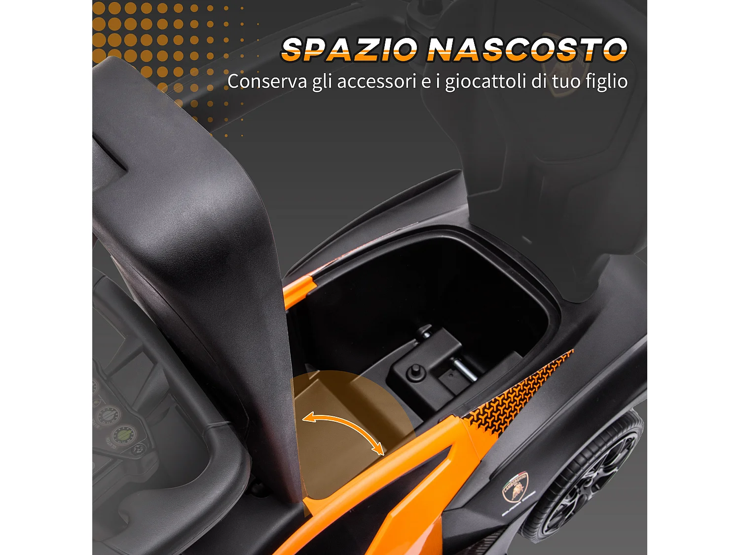 Macchina per bambini con maniglione e barriera di sicurezza arancione