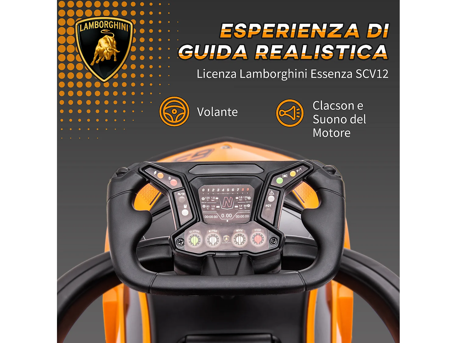 Macchina per bambini con maniglione e barriera di sicurezza arancione