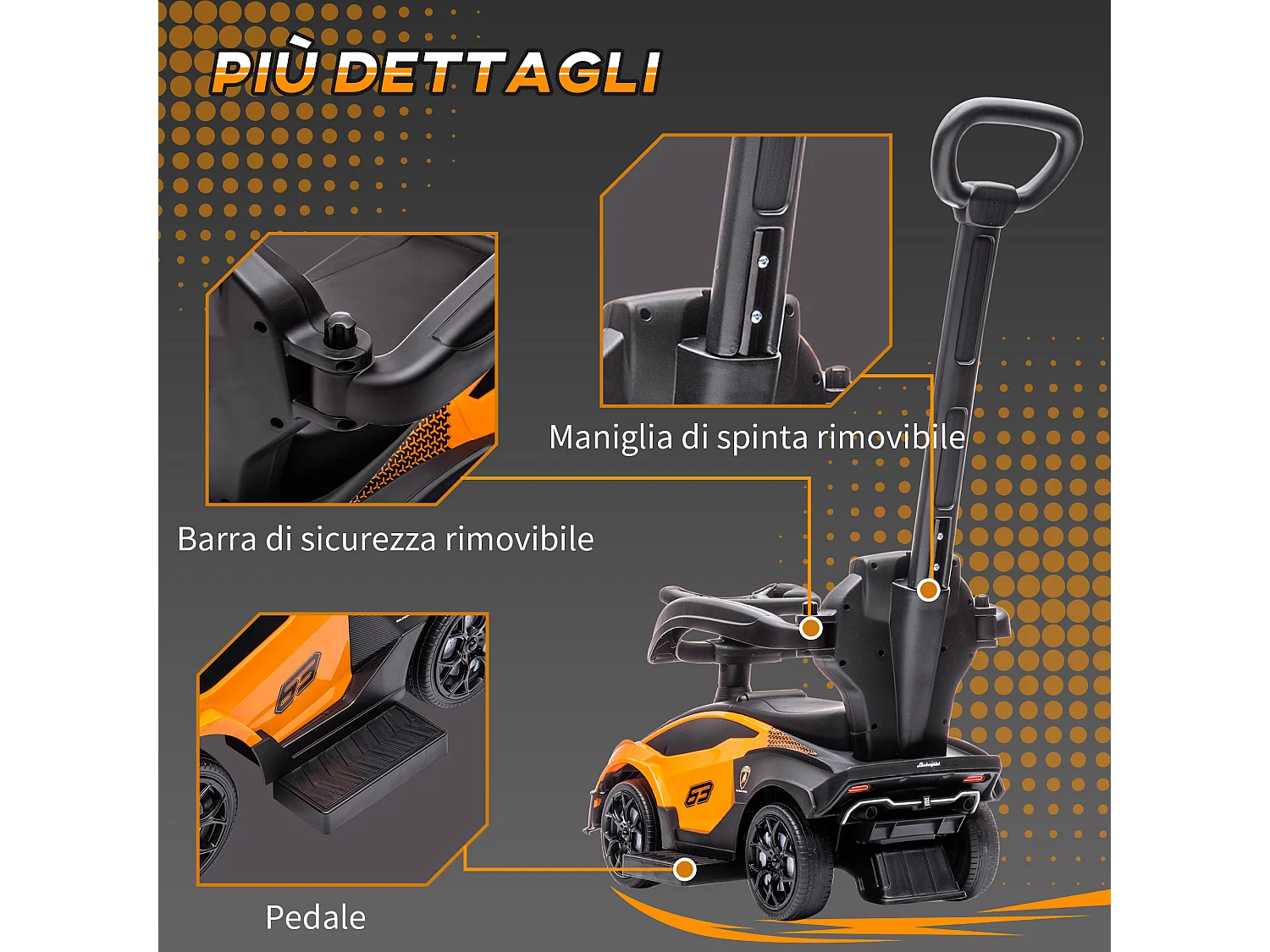 Macchina per bambini con maniglione e barriera di sicurezza arancione