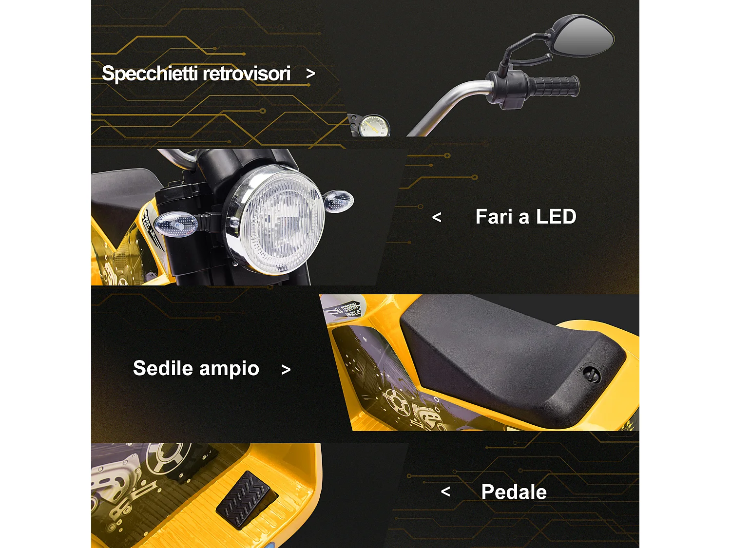 Moto per bambini batteria 6v velocità 2 km/h 3 ruote luci suoni
