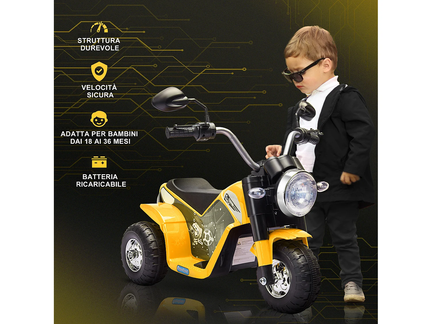 Moto per bambini batteria 6v velocità 2 km/h 3 ruote luci suoni