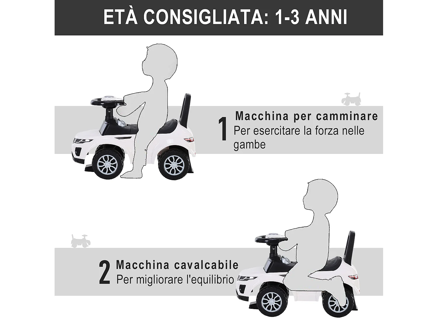 Macchina cavalcabile giocattolo per bambini 12-36 mesi bianca