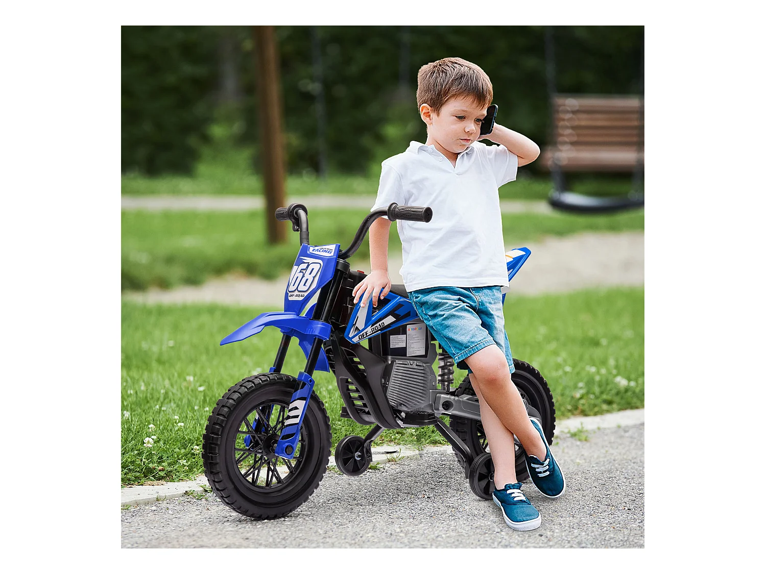 Moto elettrica per bambini con rotelle rimovibili e suoni blu