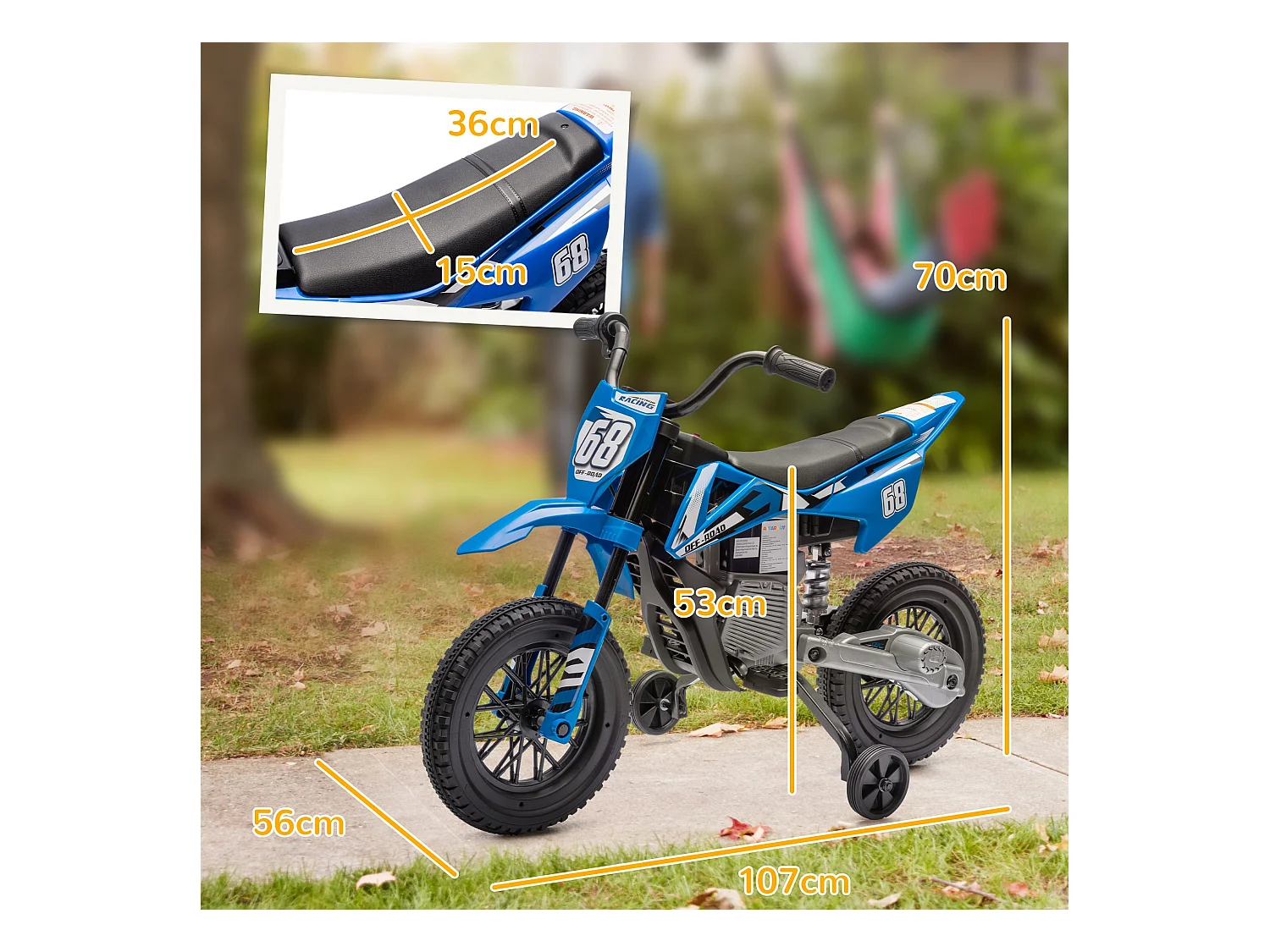 Moto elettrica per bambini con rotelle rimovibili e suoni blu