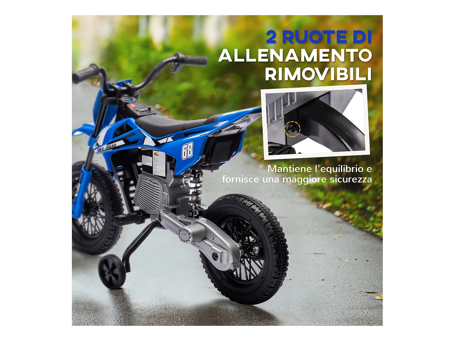 Moto elettrica per bambini con rotelle rimovibili e suoni blu