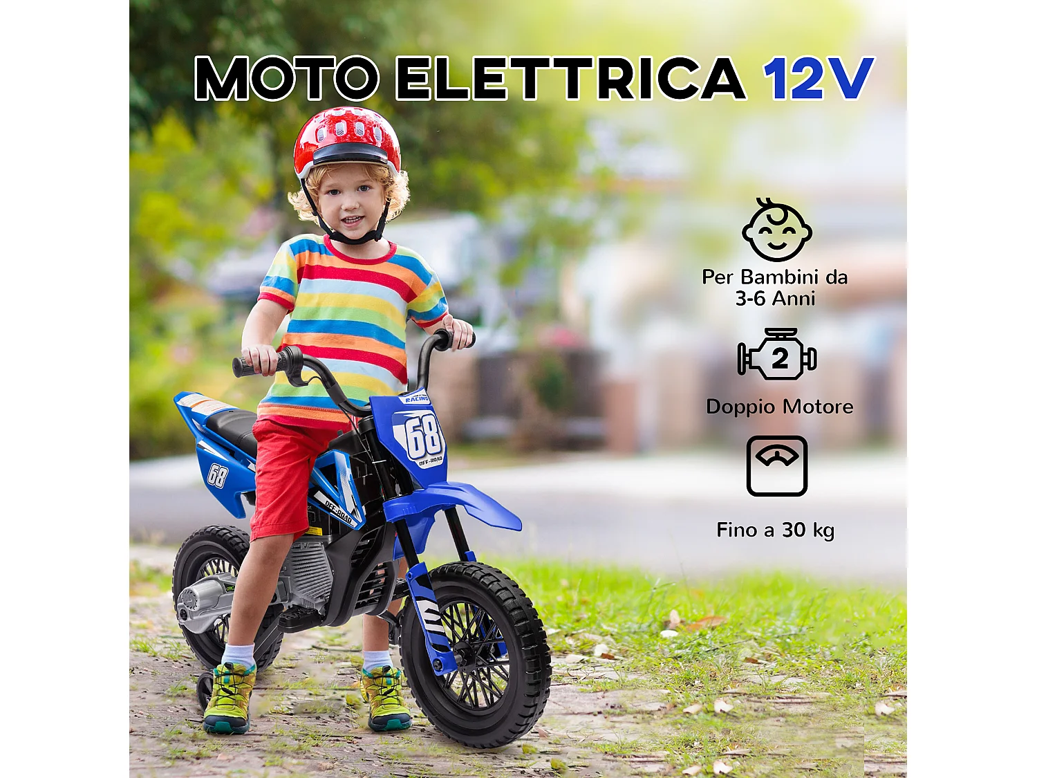 Moto elettrica per bambini con rotelle rimovibili e suoni blu