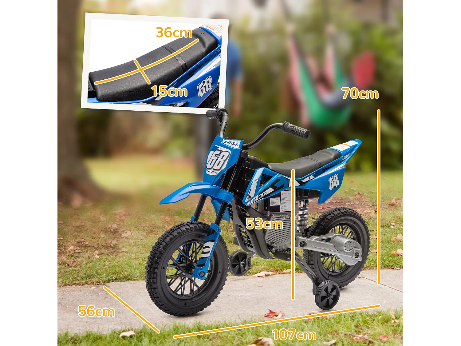 Moto elettrica per bambini con rotelle rimovibili e suoni blu