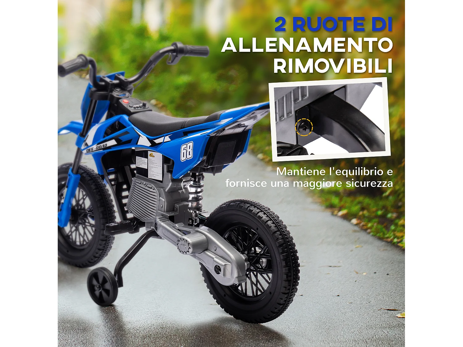 Moto elettrica per bambini con rotelle rimovibili e suoni blu