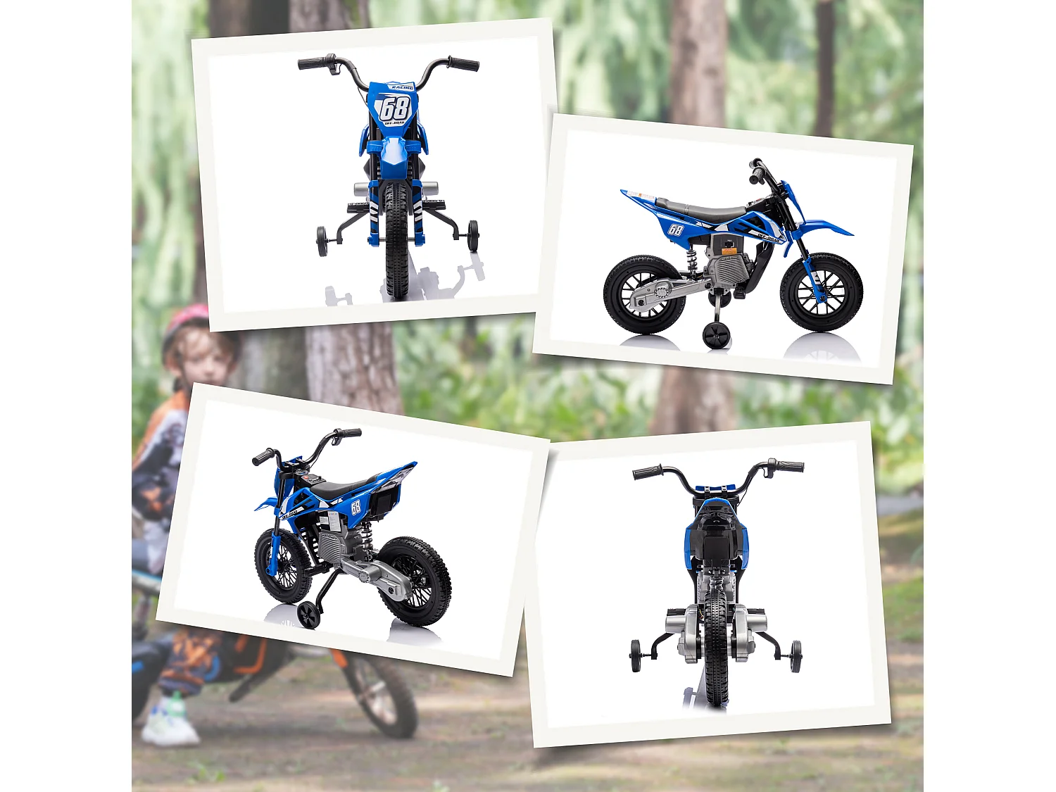 Moto elettrica per bambini con rotelle rimovibili e suoni blu