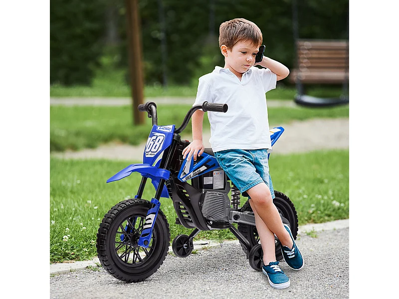Moto elettrica per bambini con rotelle rimovibili e suoni blu
