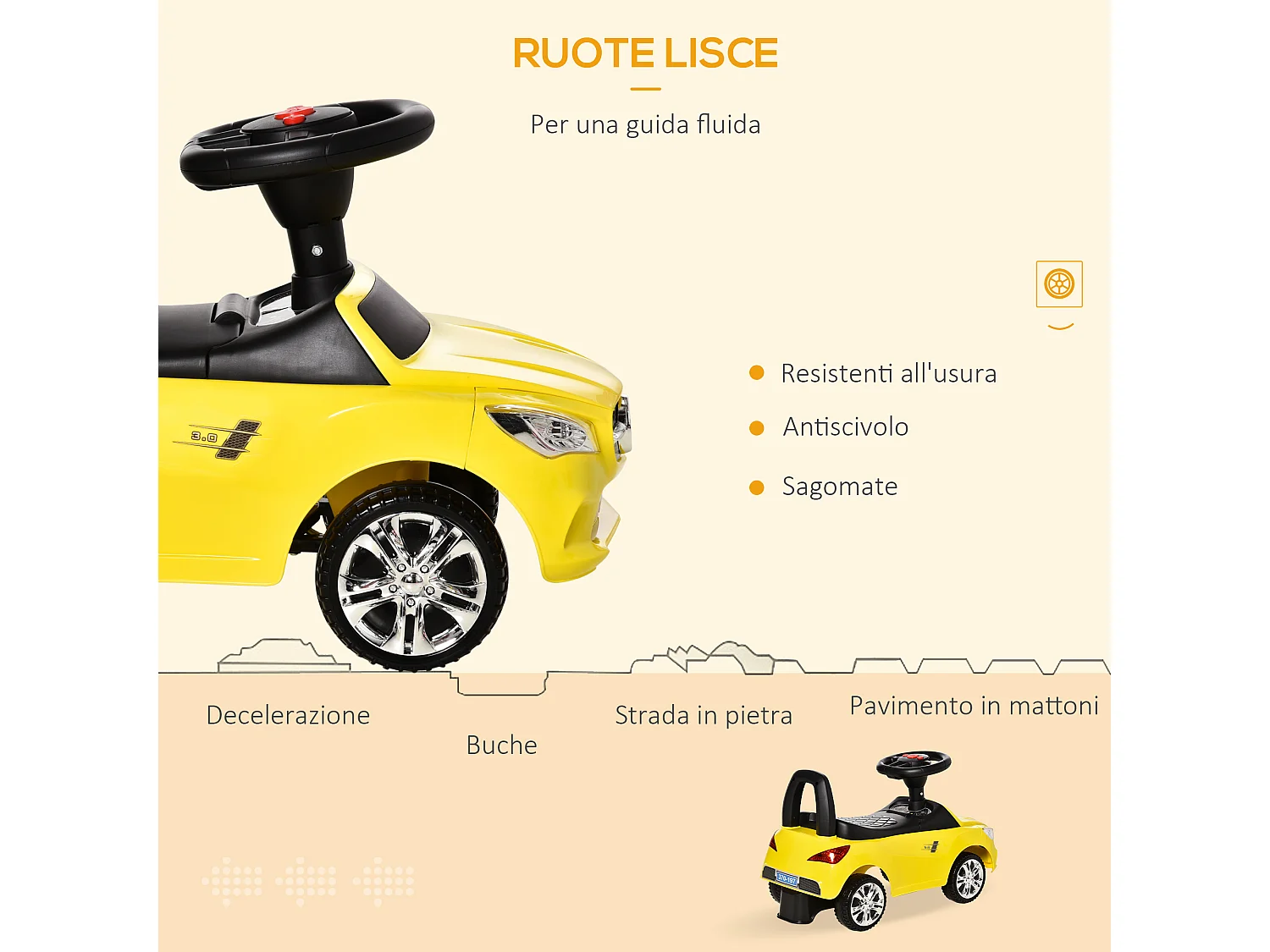 Macchina giocattolo per bambini cavalcabile con volante e fari