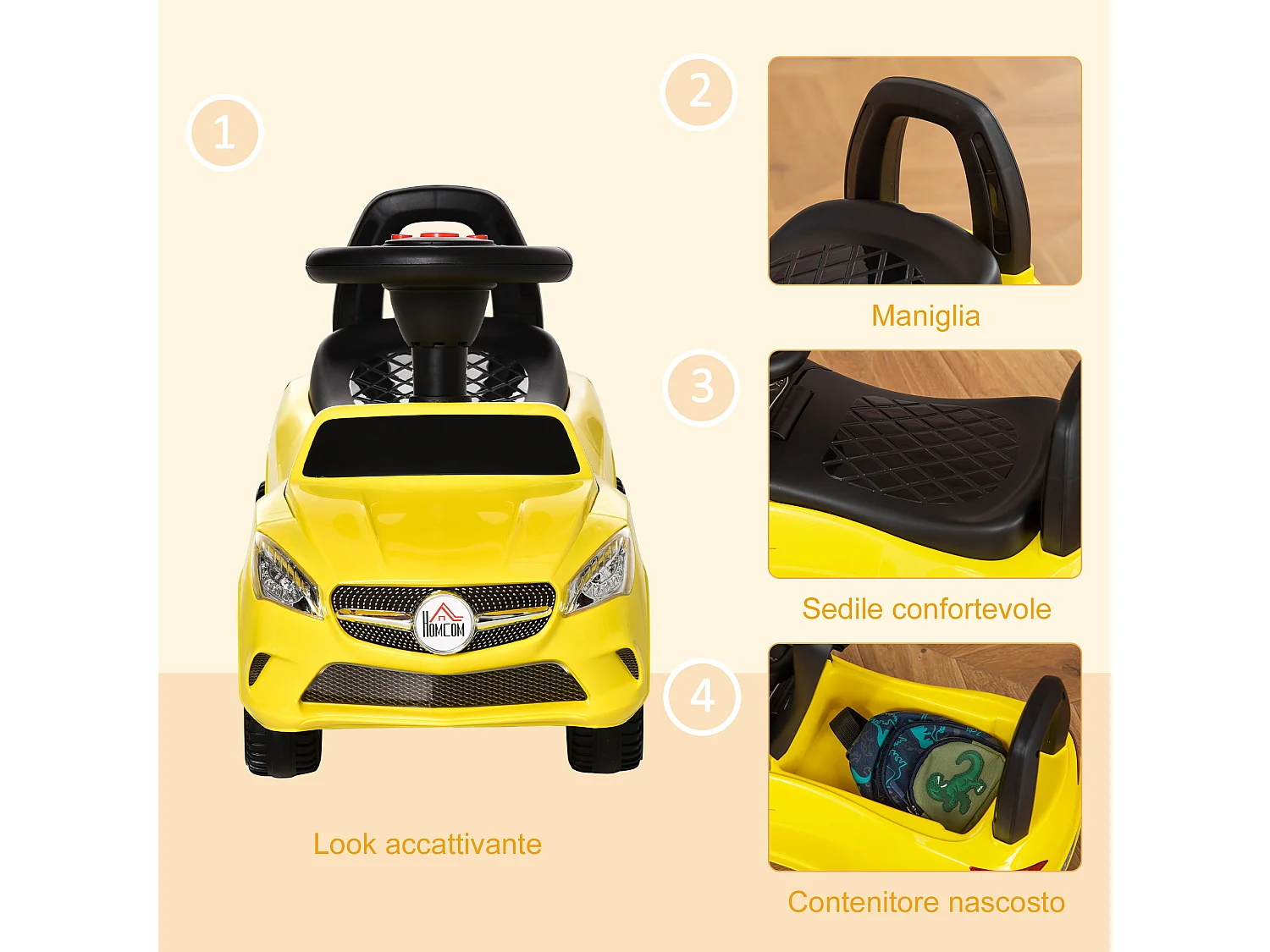 Macchina giocattolo per bambini cavalcabile con volante e fari