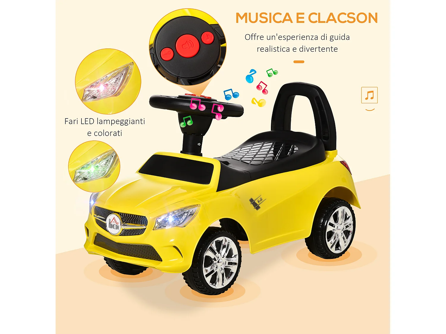 Macchina giocattolo per bambini cavalcabile con volante e fari