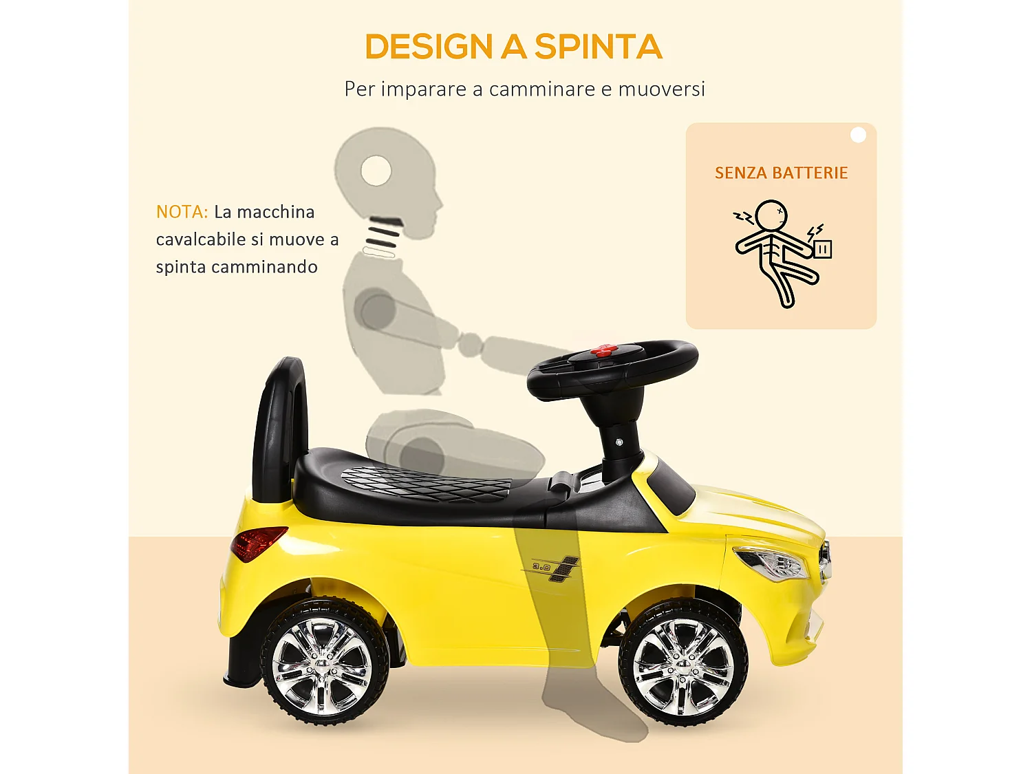 Macchina giocattolo per bambini cavalcabile con volante e fari