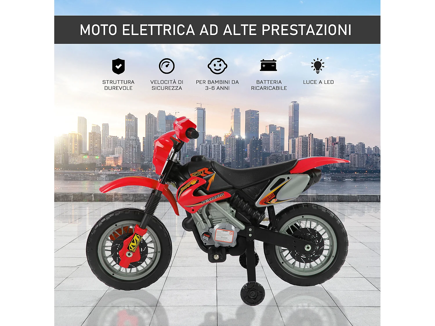 Moto elettrica per bambini 3-6 anni con ruote di sostegno