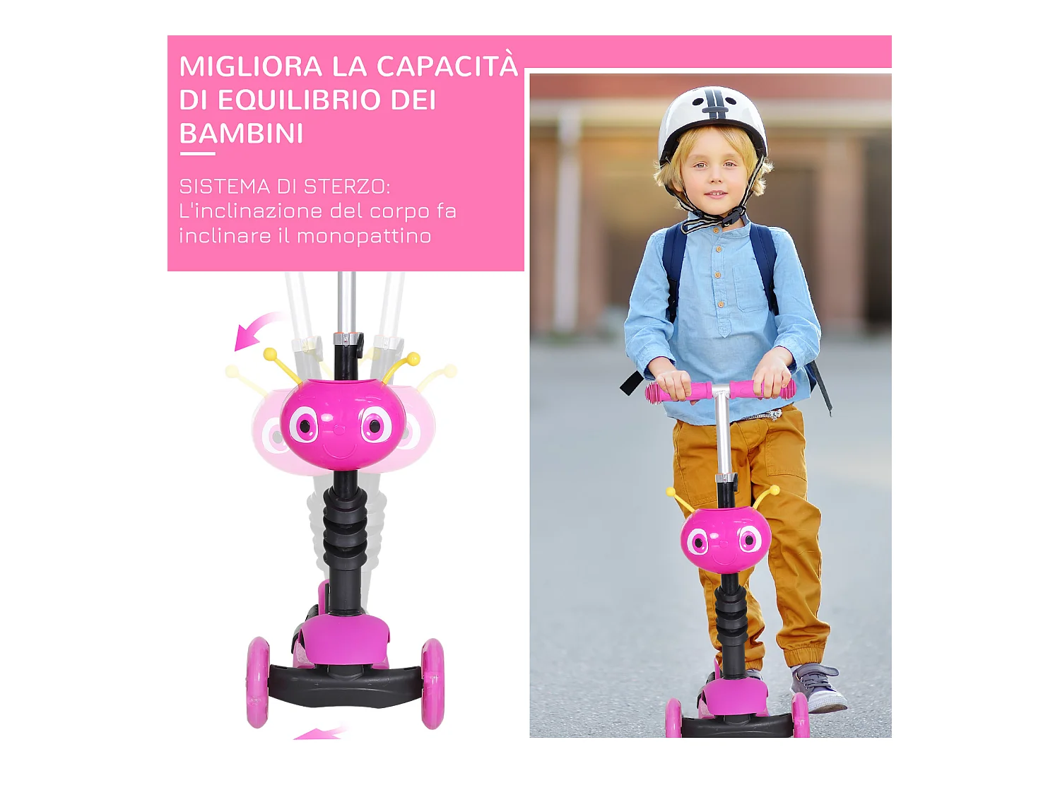 Monopattino 3 ruote per bambini altezza regolabile 62x25x72.5 cm rosa