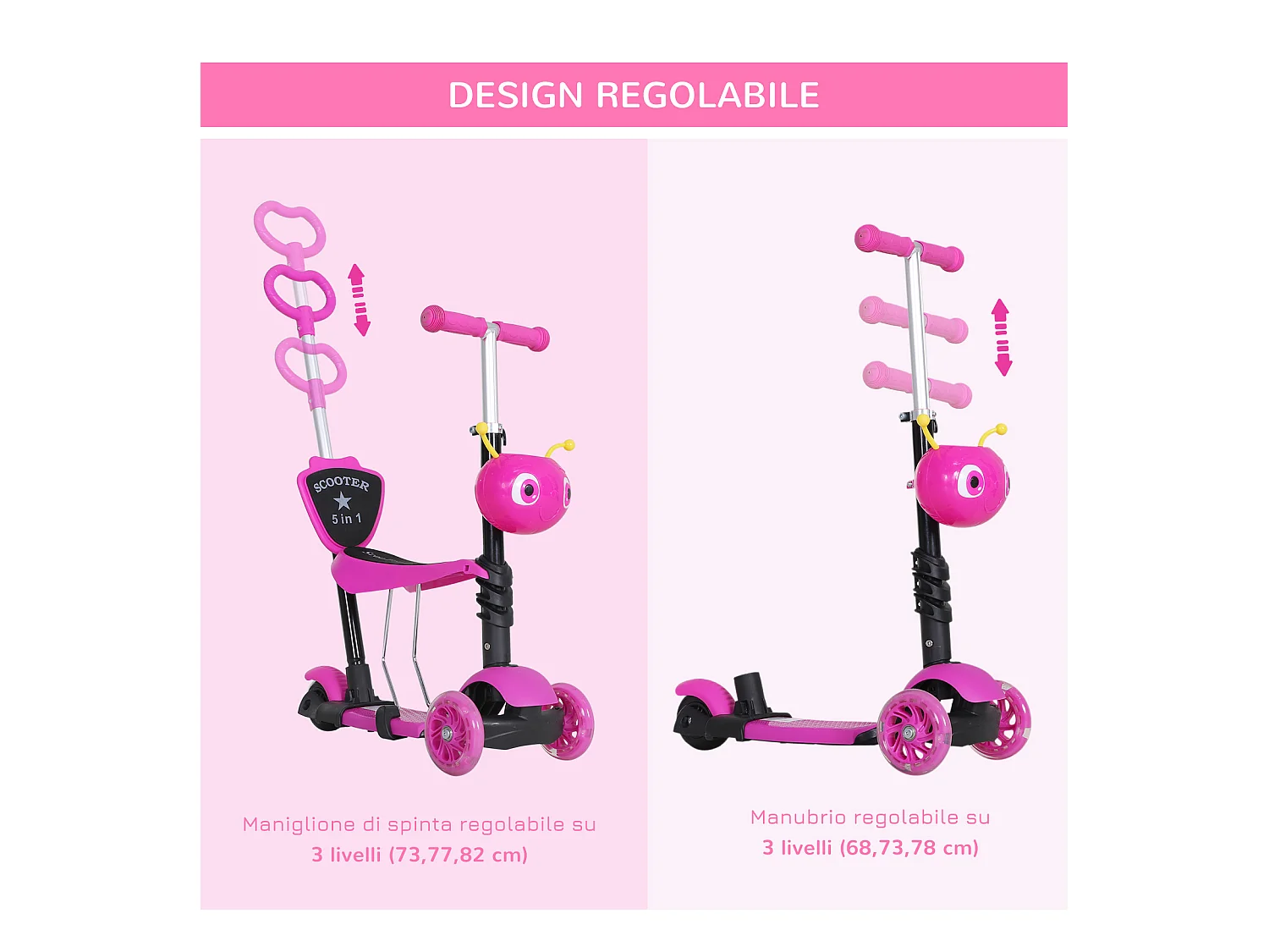 Monopattino 3 ruote per bambini altezza regolabile 62x25x72.5 cm rosa