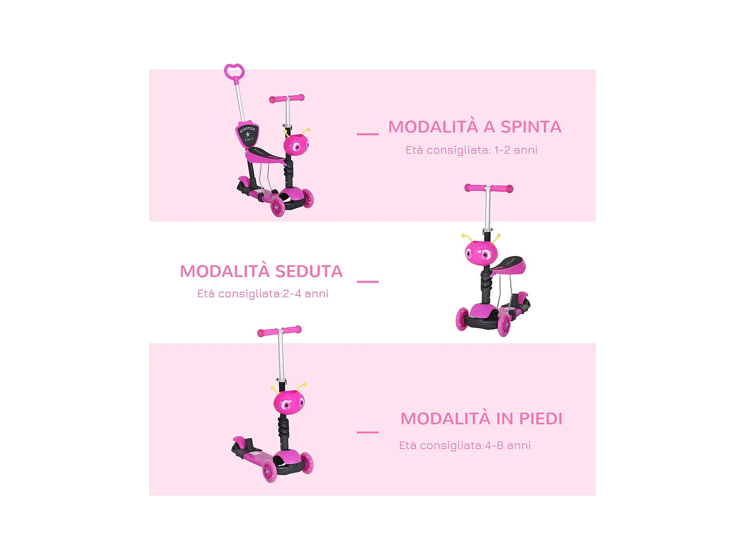 Monopattino 3 ruote per bambini altezza regolabile 62x25x72.5 cm rosa