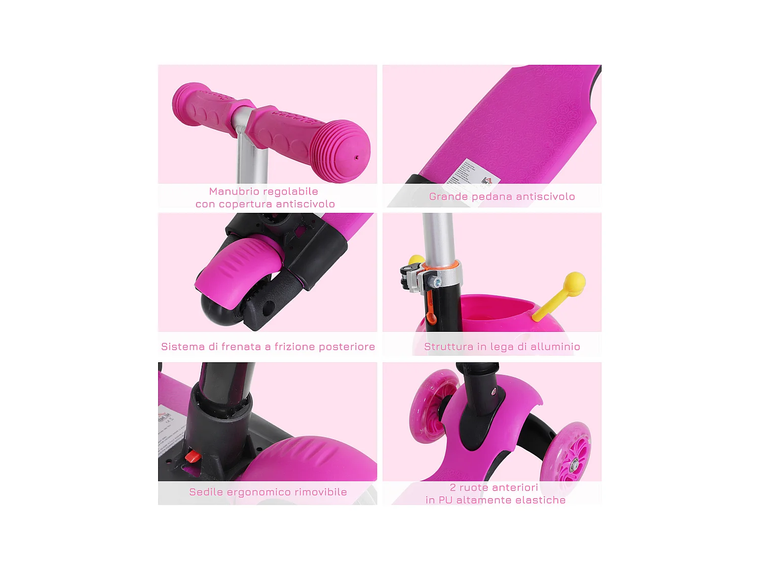 Monopattino 3 ruote per bambini altezza regolabile 62x25x72.5 cm rosa