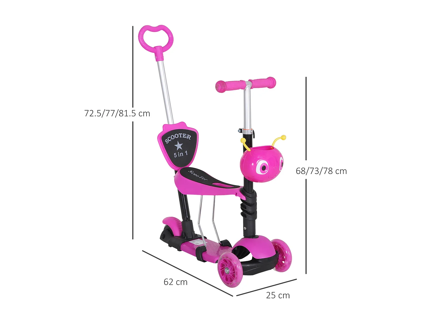 Monopattino 3 ruote per bambini altezza regolabile 62x25x72.5 cm rosa