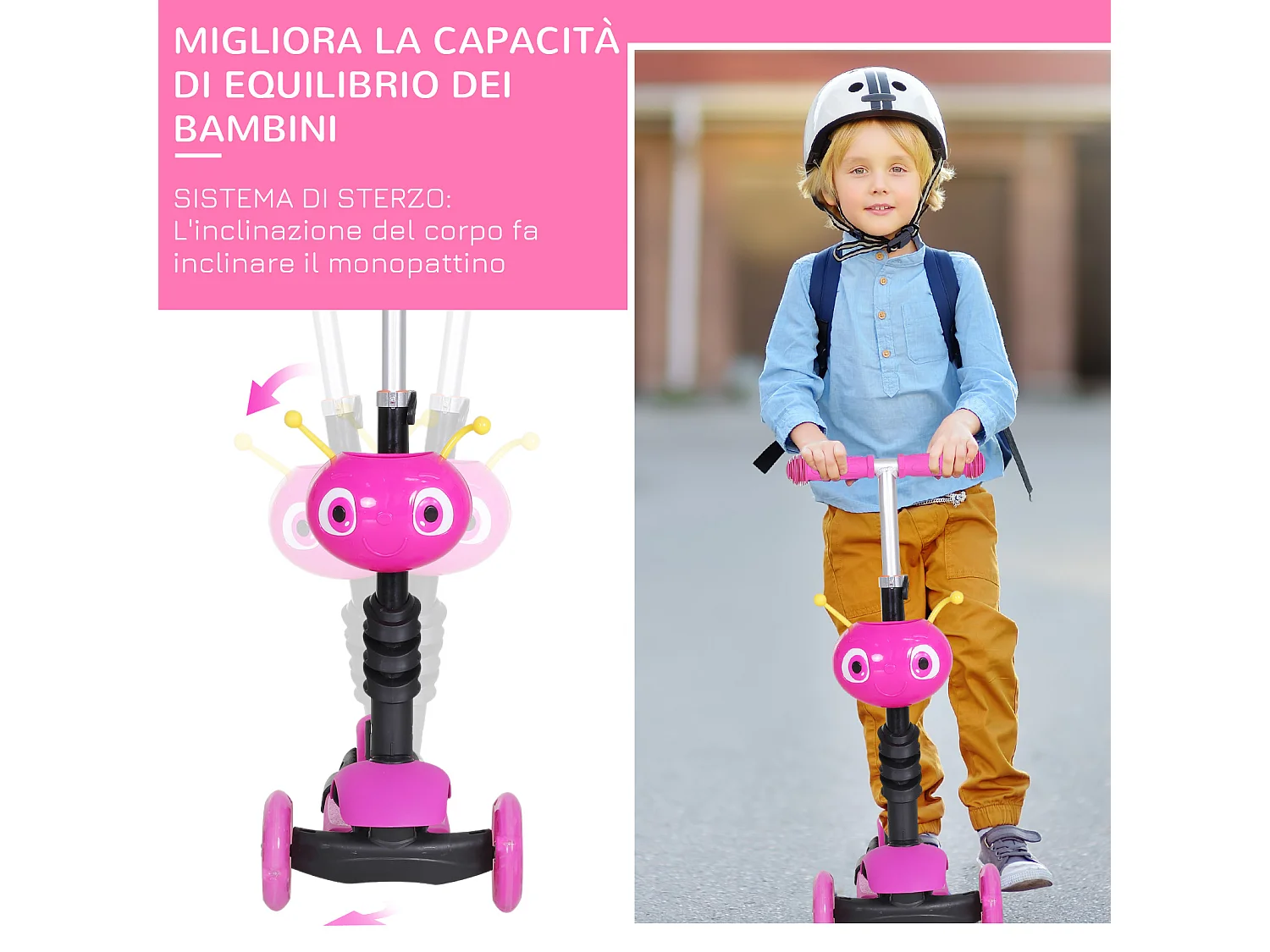 Monopattino 3 ruote per bambini altezza regolabile 62x25x72.5 cm rosa
