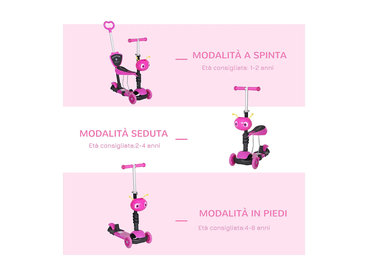 Monopattino 3 ruote per bambini altezza regolabile 62x25x72.5 cm rosa