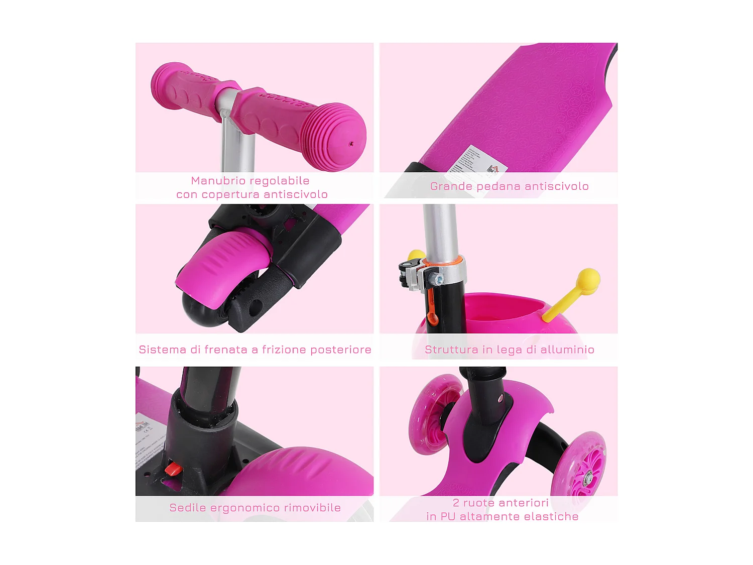 Monopattino 3 ruote per bambini altezza regolabile 62x25x72.5 cm rosa