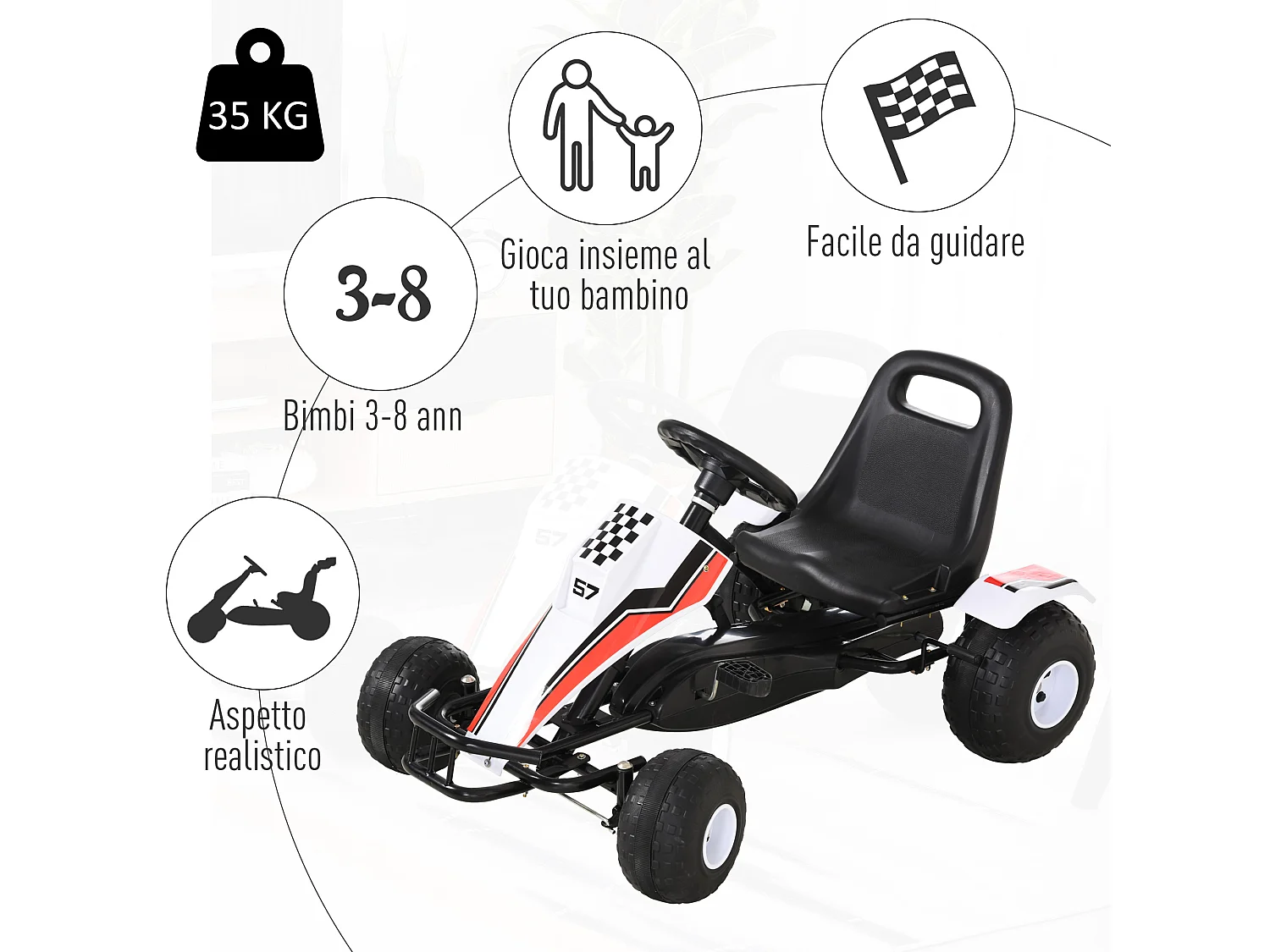 Go-kart a pedali per bambini 3-6 anni con sedile regolabile e freno