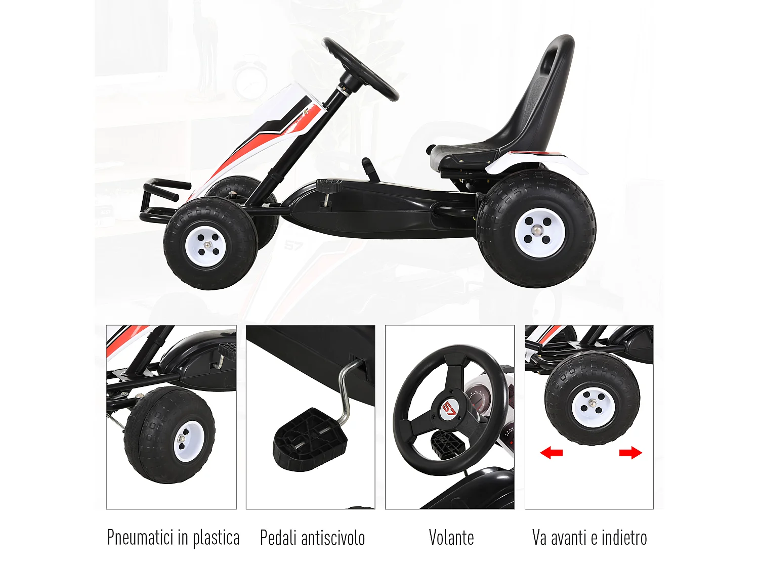 Go-kart a pedali per bambini 3-6 anni con sedile regolabile e freno