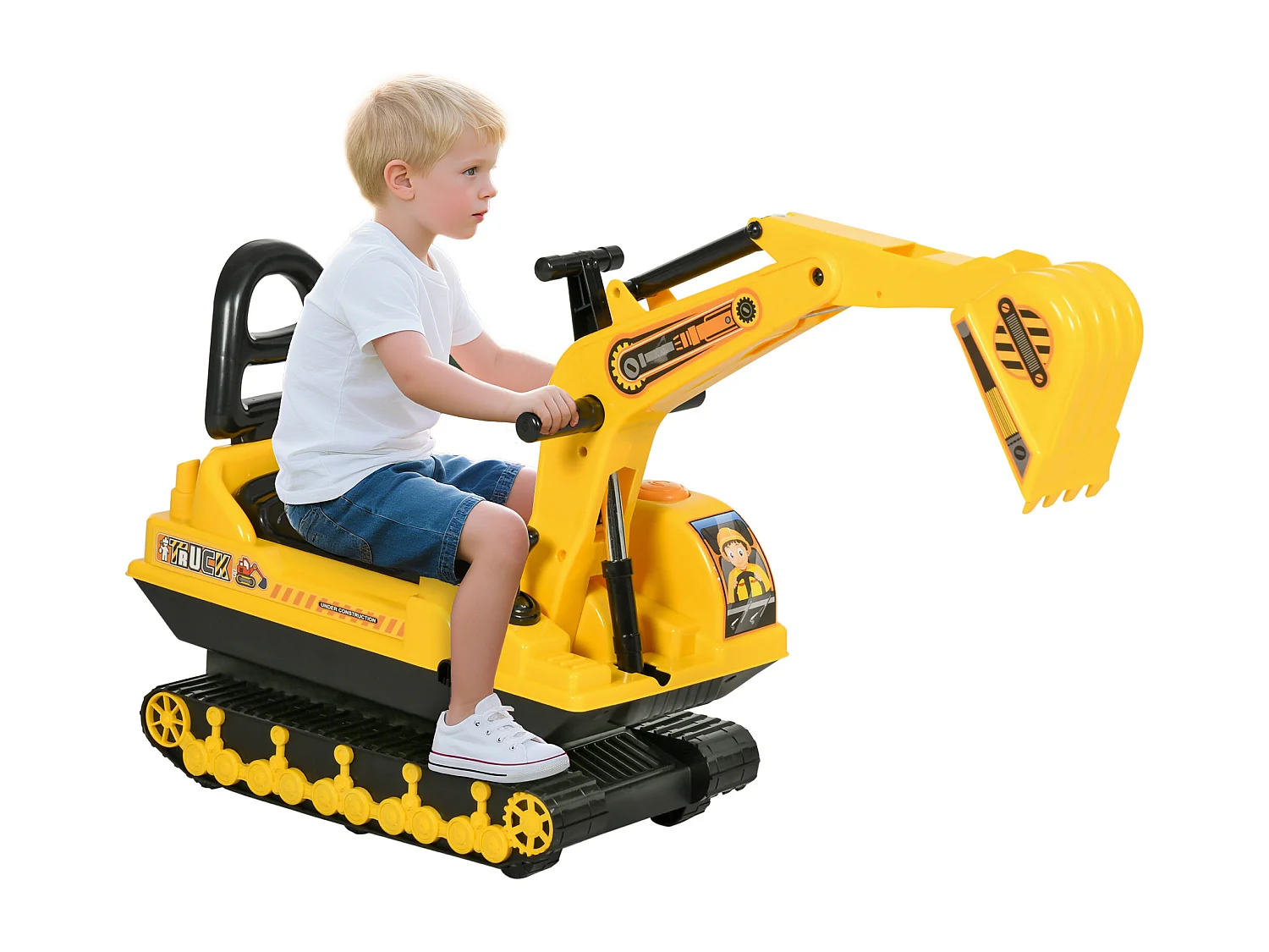 Ruspa giocattolo per bambini con schienale e braccio mobile