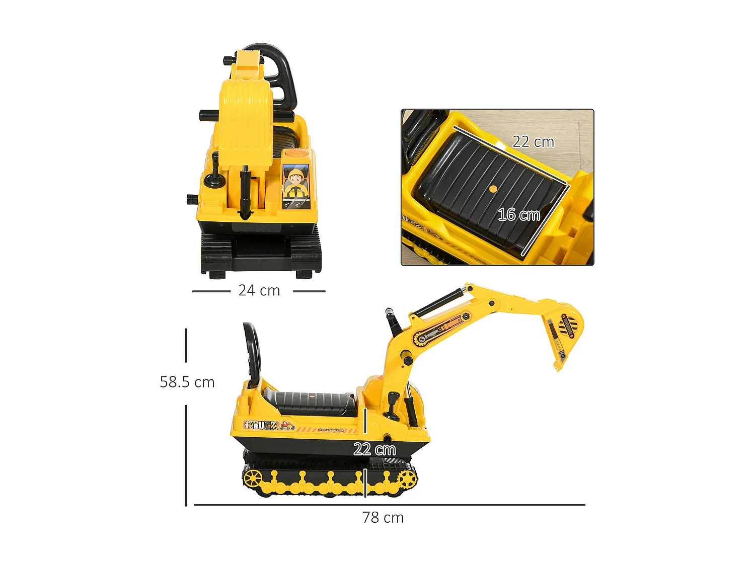 Ruspa giocattolo per bambini con schienale e braccio mobile