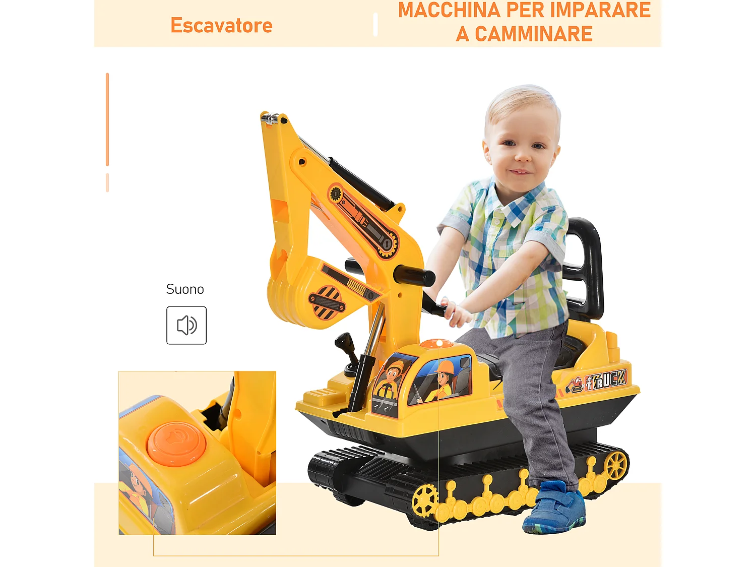 Ruspa giocattolo per bambini con schienale e braccio mobile