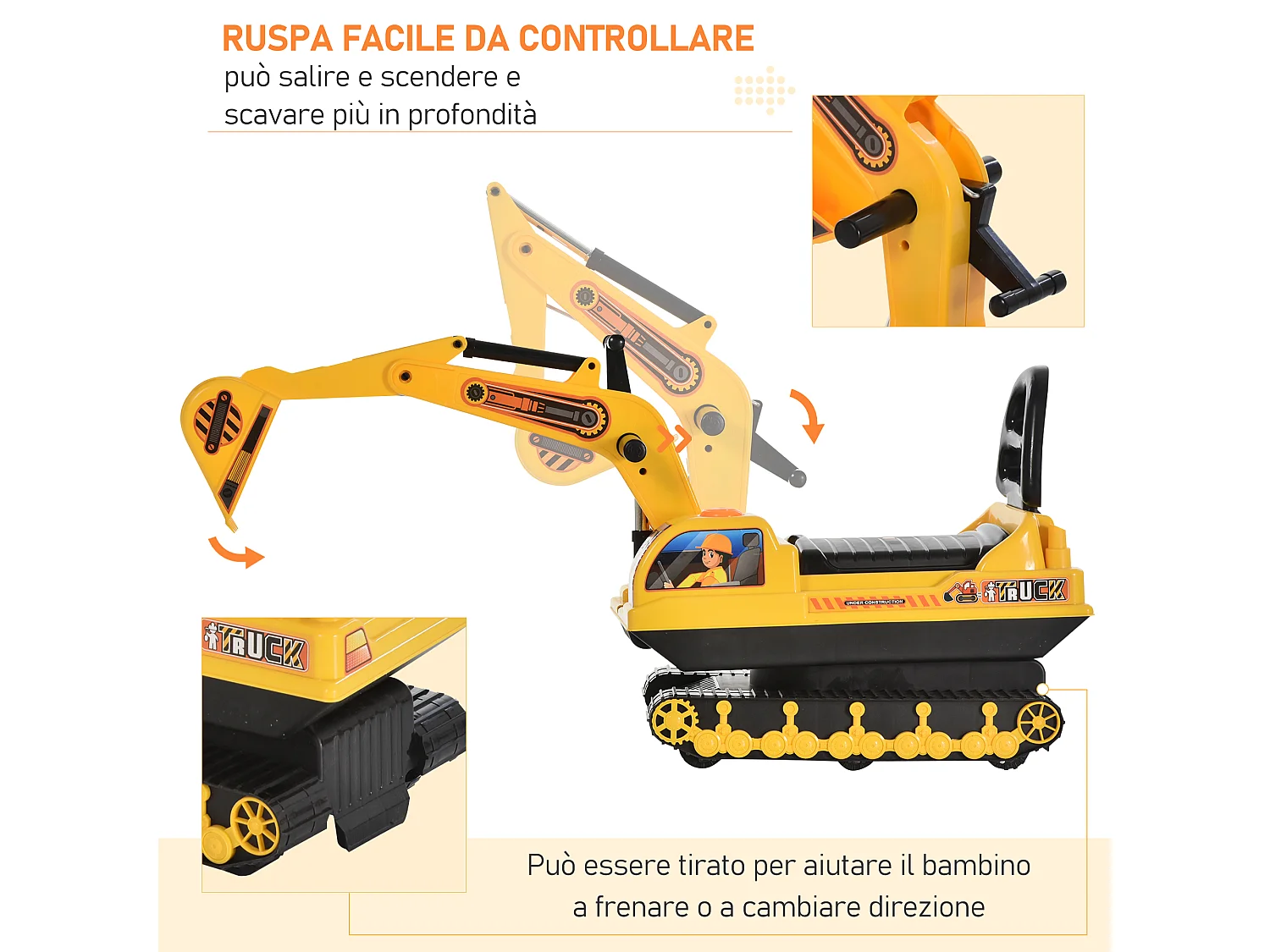 Ruspa giocattolo per bambini con schienale e braccio mobile