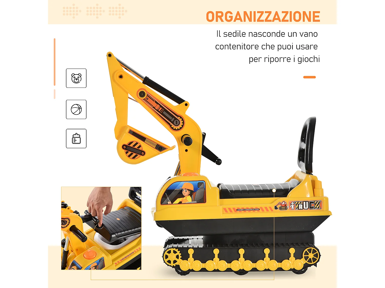 Ruspa giocattolo per bambini con schienale e braccio mobile