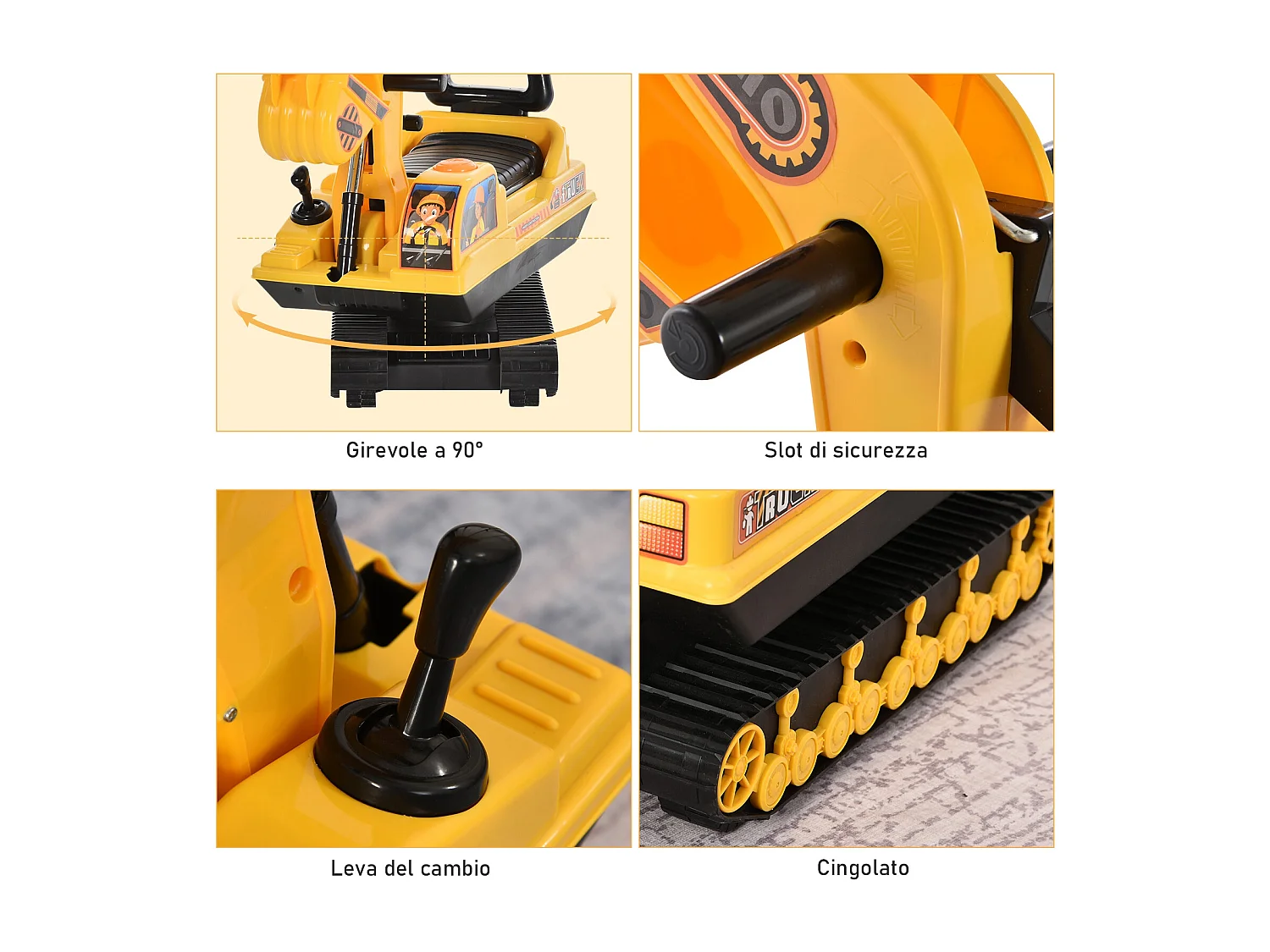 Ruspa giocattolo per bambini con schienale e braccio mobile