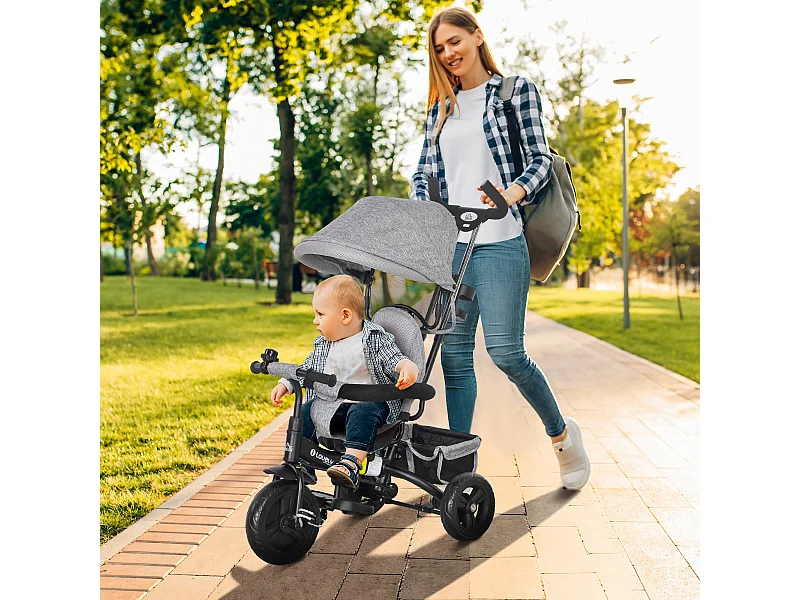 Triciclo passeggino con maniglione e tettuccio regolabile grigio