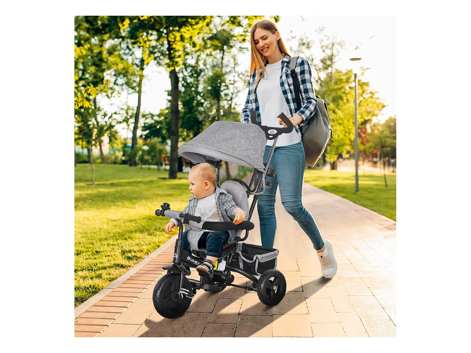 Triciclo passeggino con maniglione e tettuccio regolabile grigio