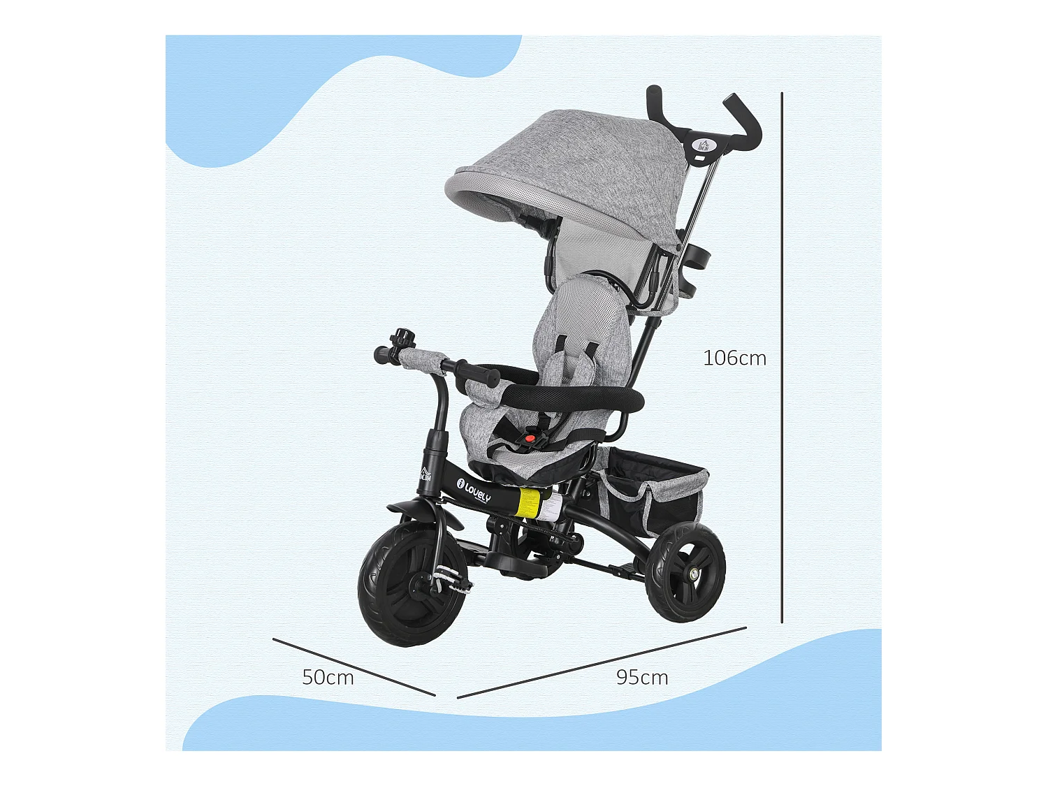 Triciclo passeggino con maniglione e tettuccio regolabile grigio