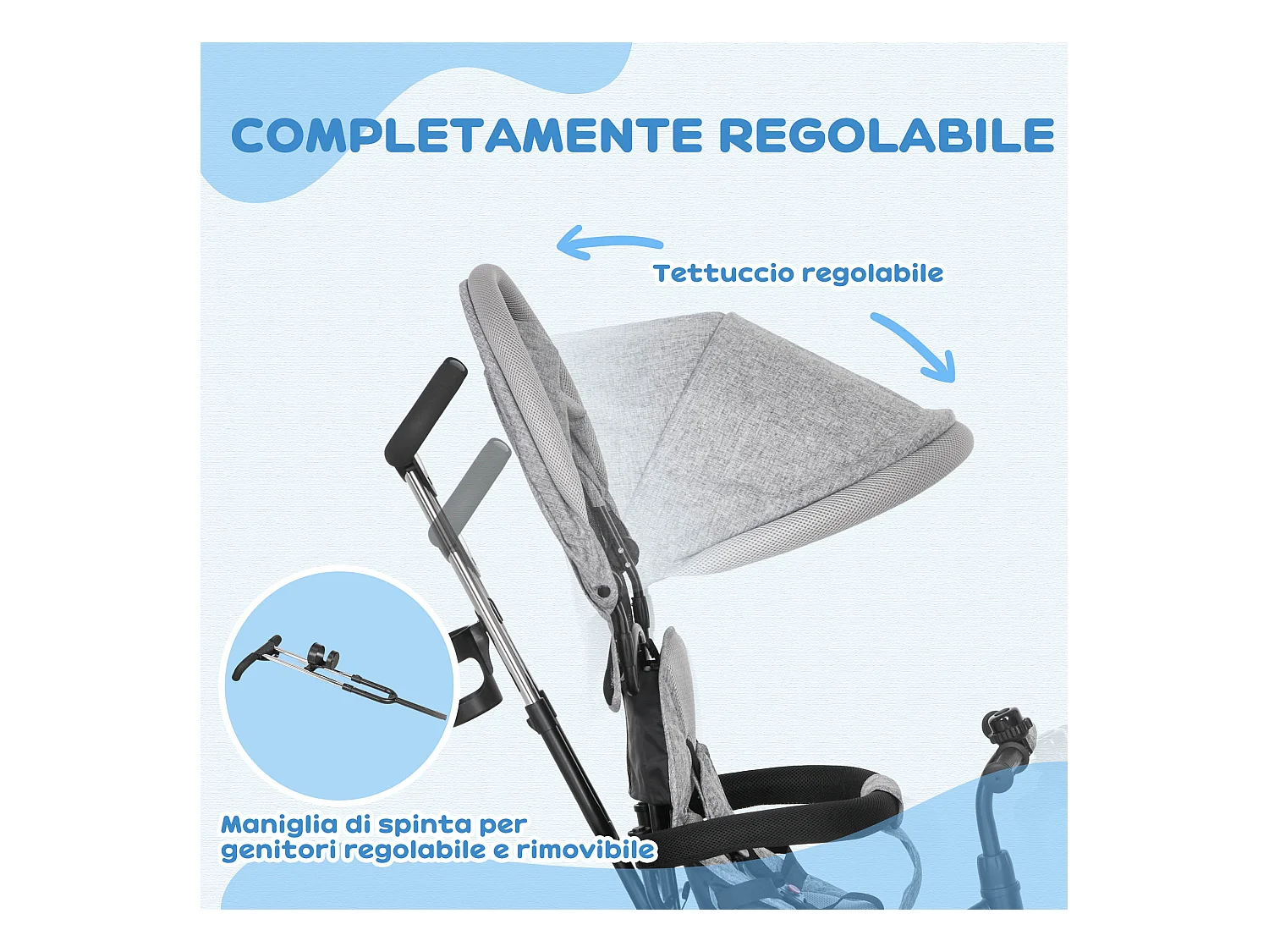 Triciclo passeggino con maniglione e tettuccio regolabile grigio