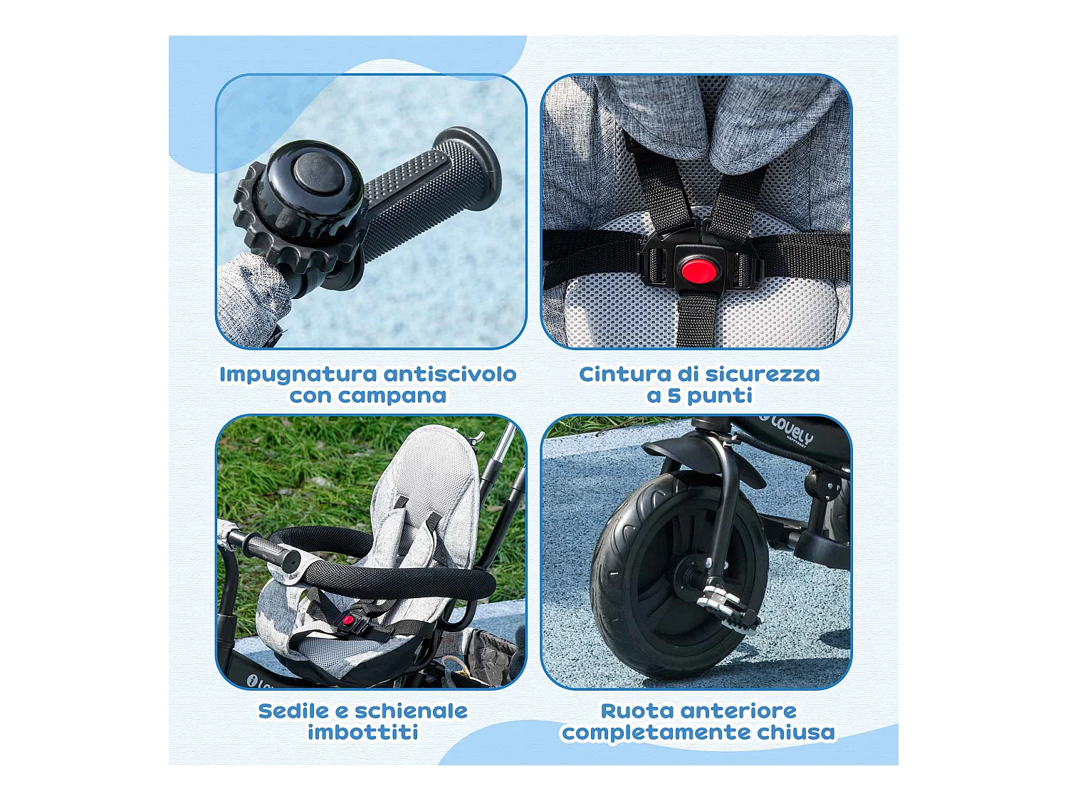 Triciclo passeggino con maniglione e tettuccio regolabile grigio