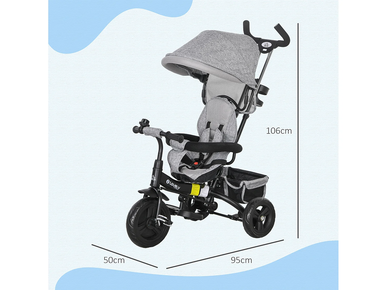 Triciclo passeggino con maniglione e tettuccio regolabile grigio