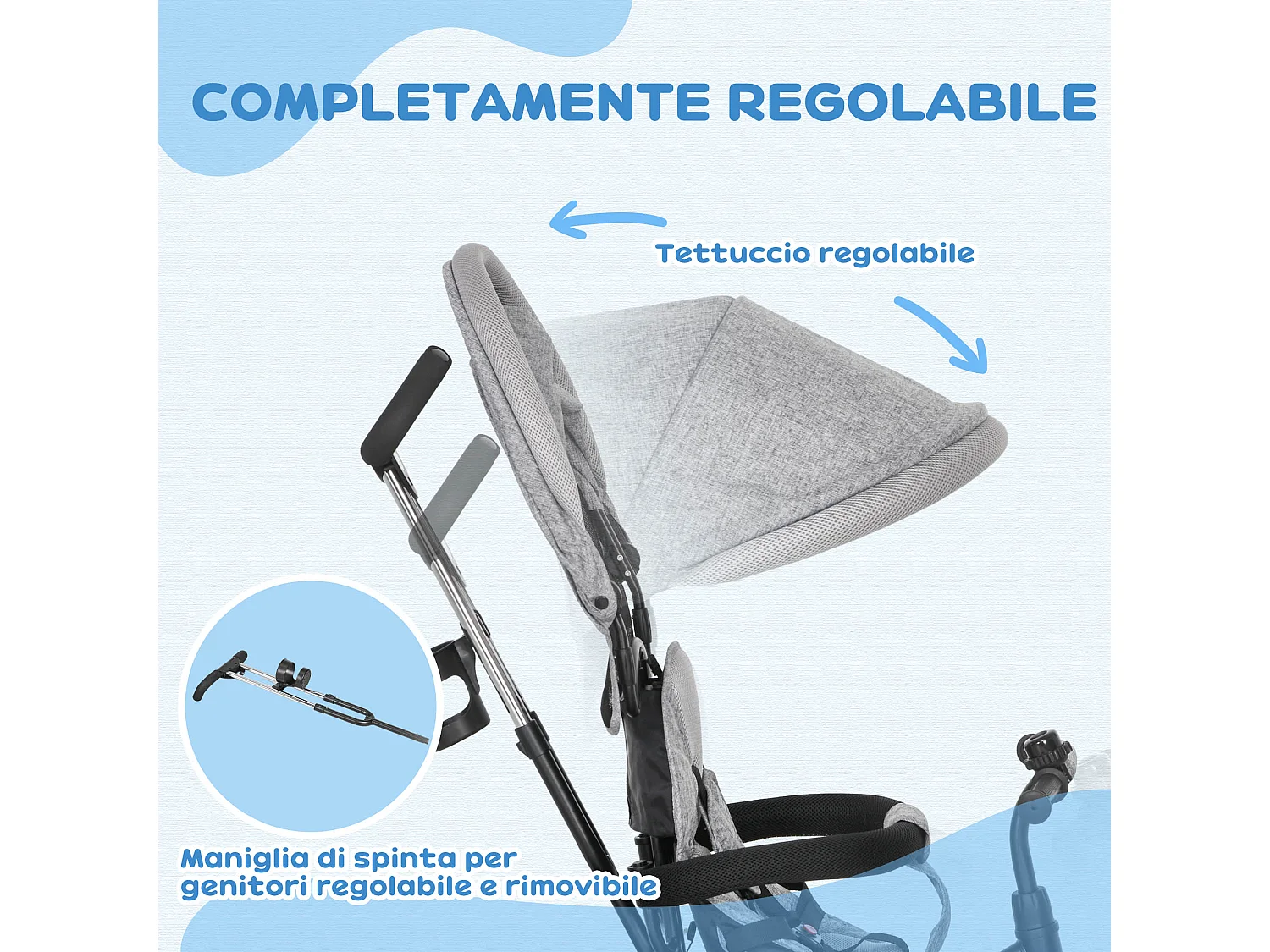 Triciclo passeggino con maniglione e tettuccio regolabile grigio