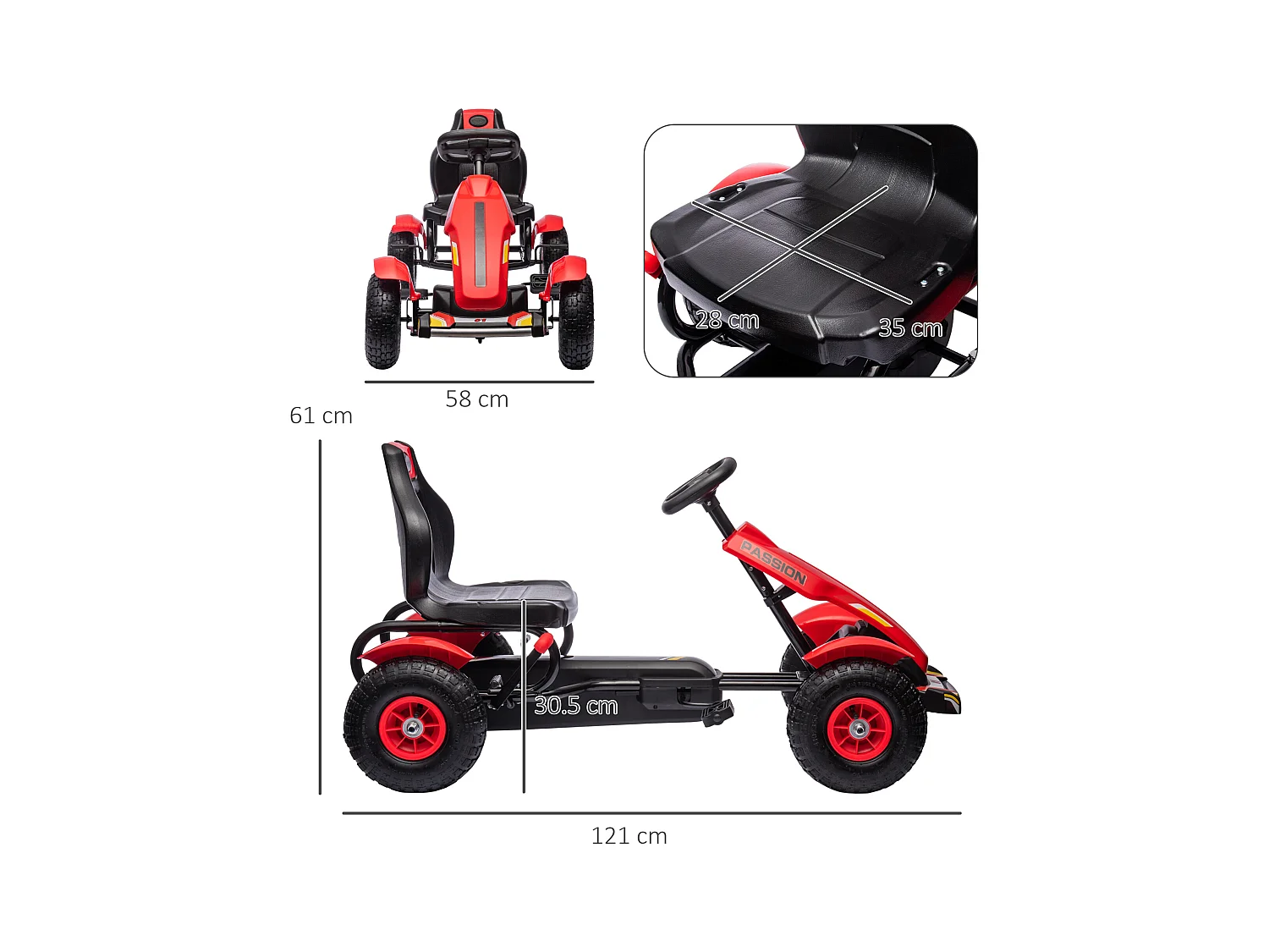 Go kart a pedali per bambini 5-12 anni in plastica e metallo rosso