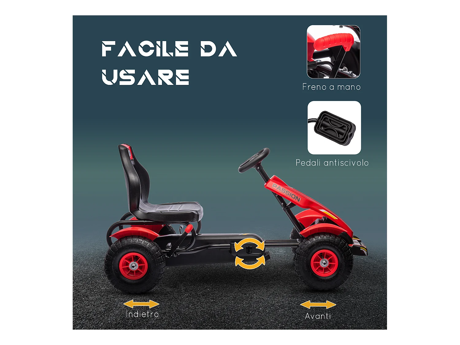 Go kart a pedali per bambini 5-12 anni in plastica e metallo rosso