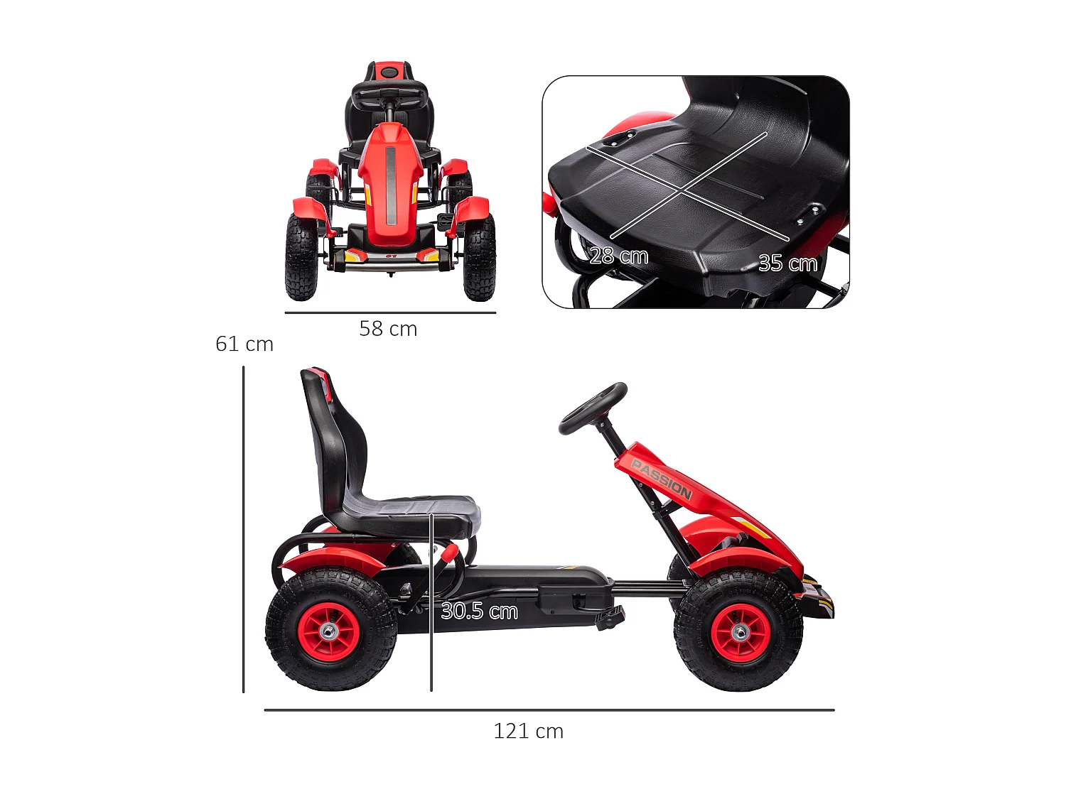 Go kart a pedali per bambini 5-12 anni in plastica e metallo rosso