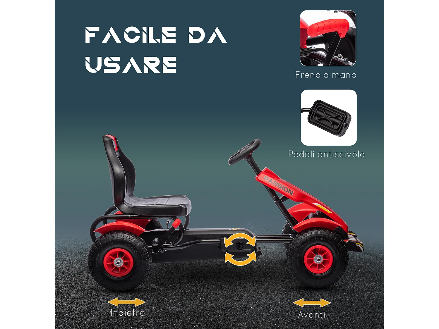 Go kart a pedali per bambini 5-12 anni in plastica e metallo rosso