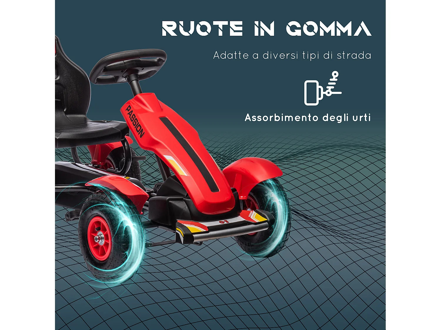 Go kart a pedali per bambini 5-12 anni in plastica e metallo rosso
